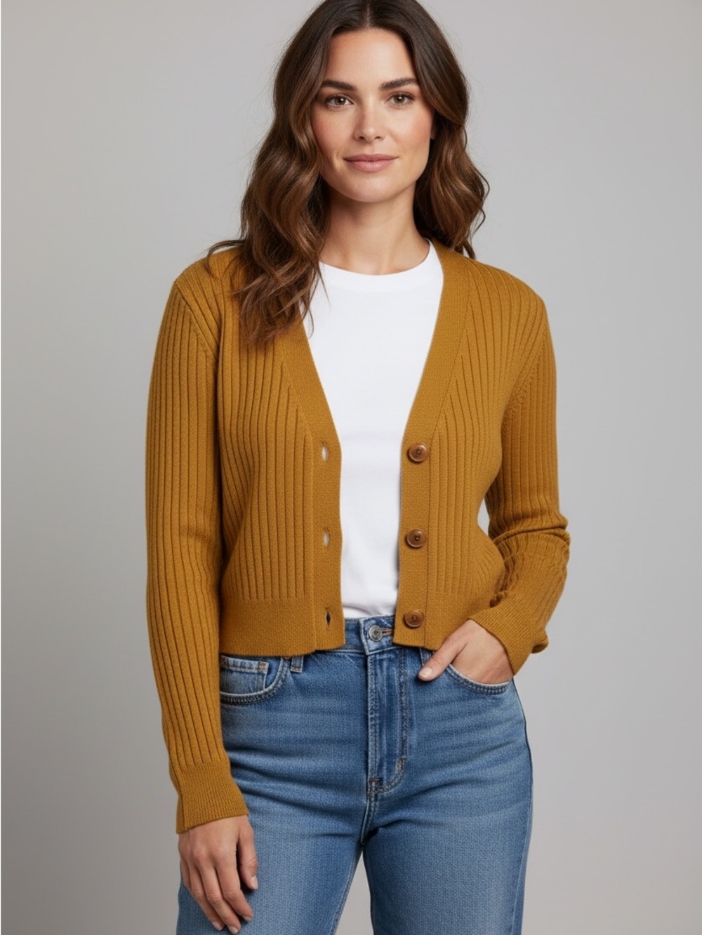 J. Crew Supersculpt Ribbed V-Neck Button Cardigan in Camel XXS